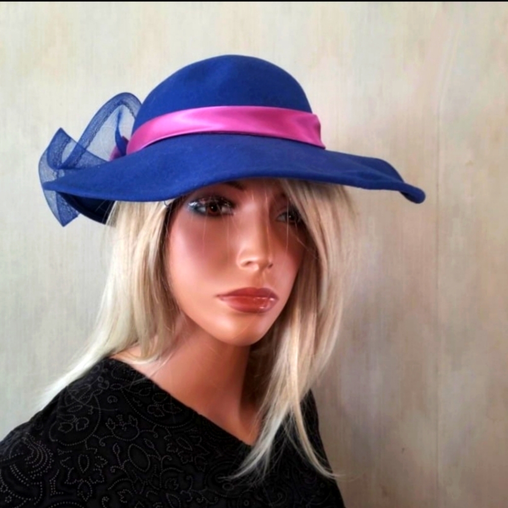 Blue Doeskin Wool Hat‎ with Pink Bow and Sinamay Poof Church Ladies Tea Wedding